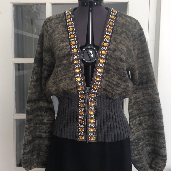 Sweaters - Brushed Melange Knit Cardigan With Gem Trim